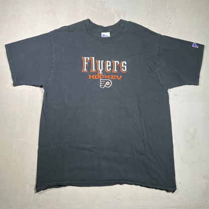 1990s Flyers Hockey Embroidered Logo Black Tee Size XL USED v16211