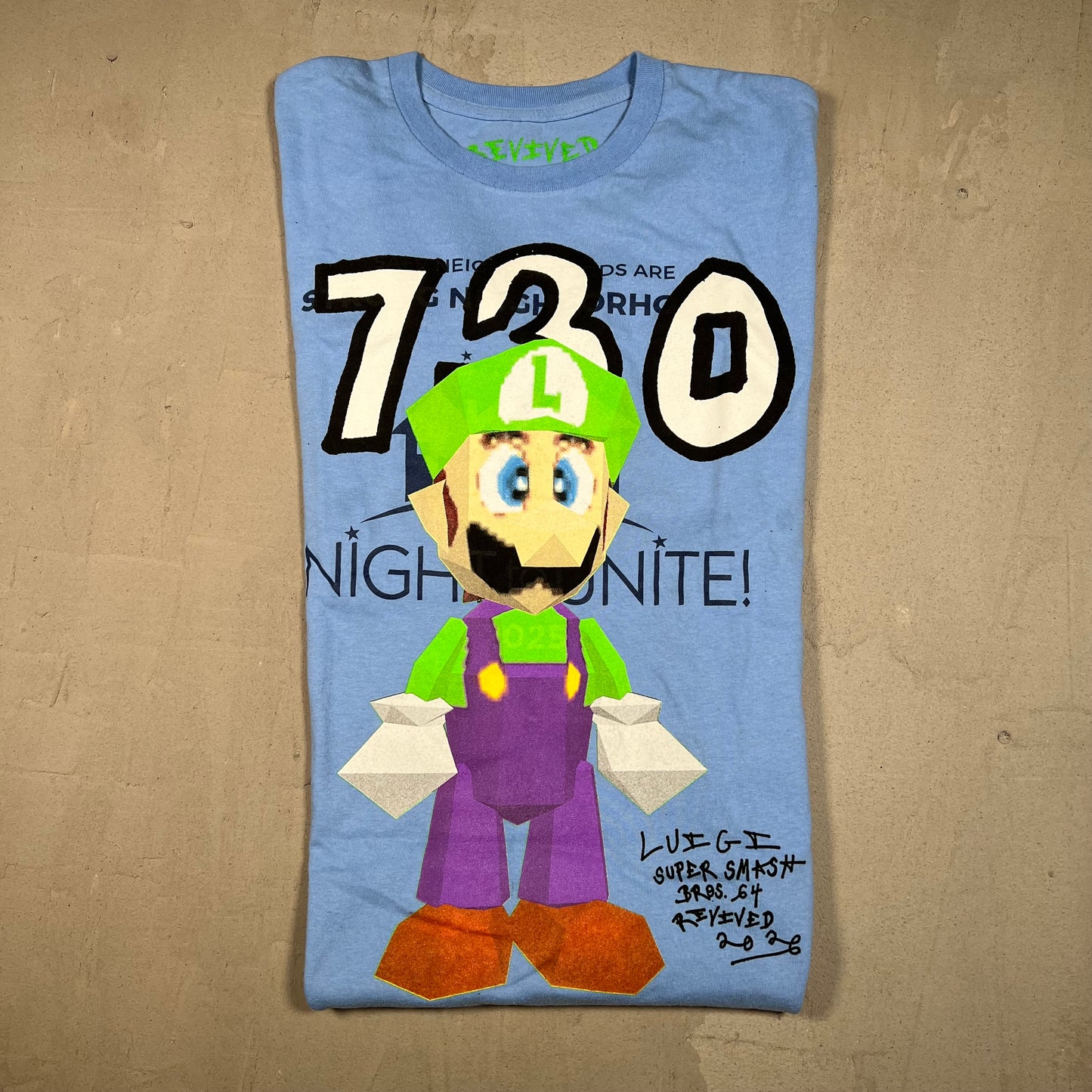 AssPizza "730" Luigi Blue Tee Size Large USED x17436
