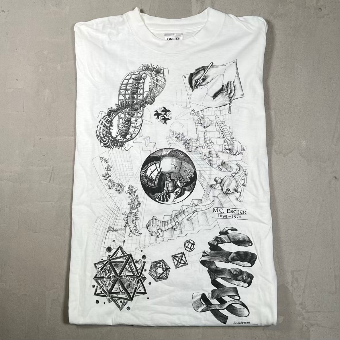 1991 MC Escher AOP Art White Longsleeve Size XL USED v20228