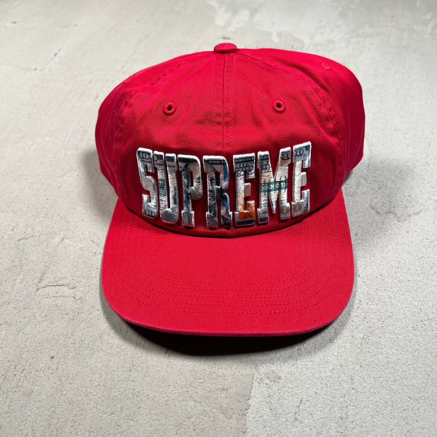 Supreme Embroidered Money Logo 6 Panel Red Hat NEW x17416