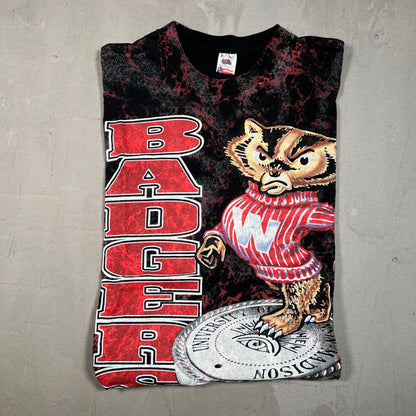 1994 Wisconsin Badgers AOP Black Tee Size Medium USED v18048