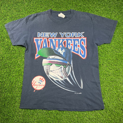 1994 New York Yankees Navy Cartoon Fastball Tee Size Large USED v18368