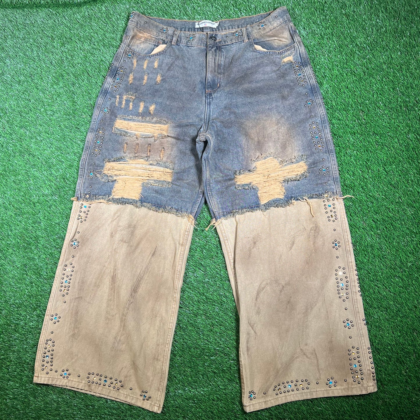 Vale Armor Denim Washed Out Yellow Studded Jeans Size 32 NEW x15892