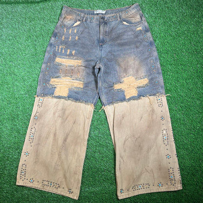 Vale Armor Denim Washed Out Yellow Studded Jeans Size 32 NEW x15892