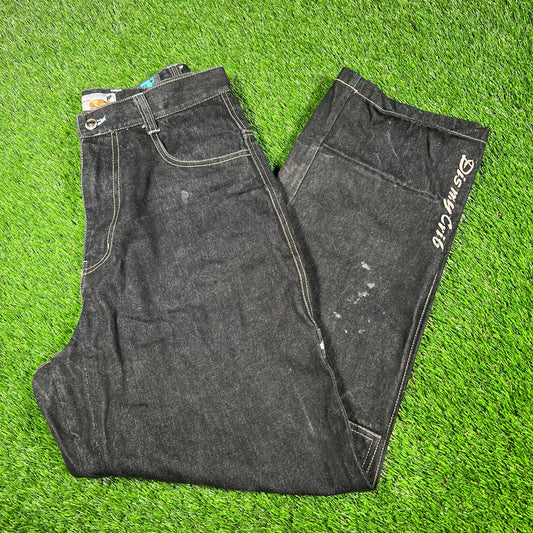 Y2K Raw Blue Embroidered Patch Black Jeans Size 32x33 USED v17022