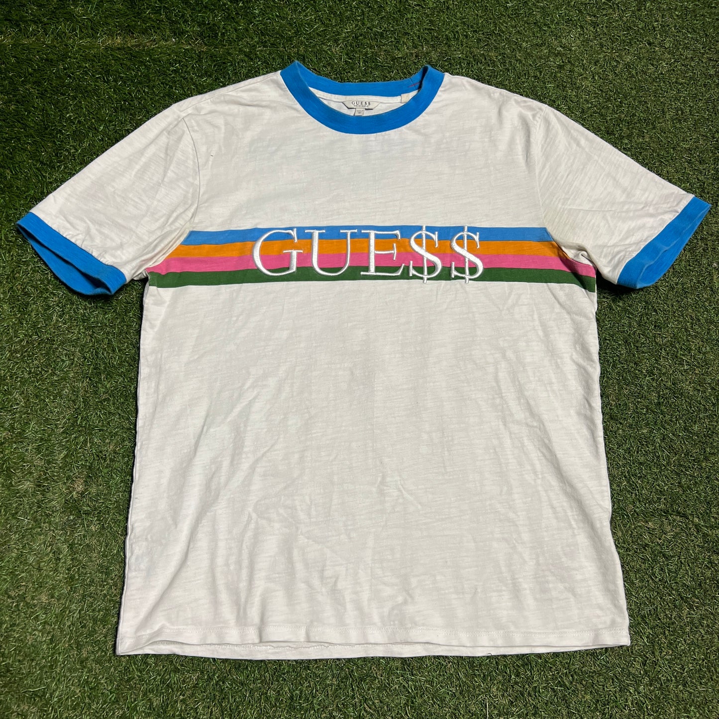 Guess Asap Rocky Colorful Stripped White Tee Size Medium USED x14131