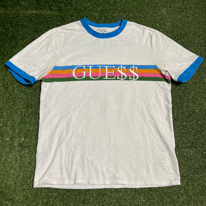 Guess Asap Rocky Colorful Stripped White Tee Size Medium USED x14131