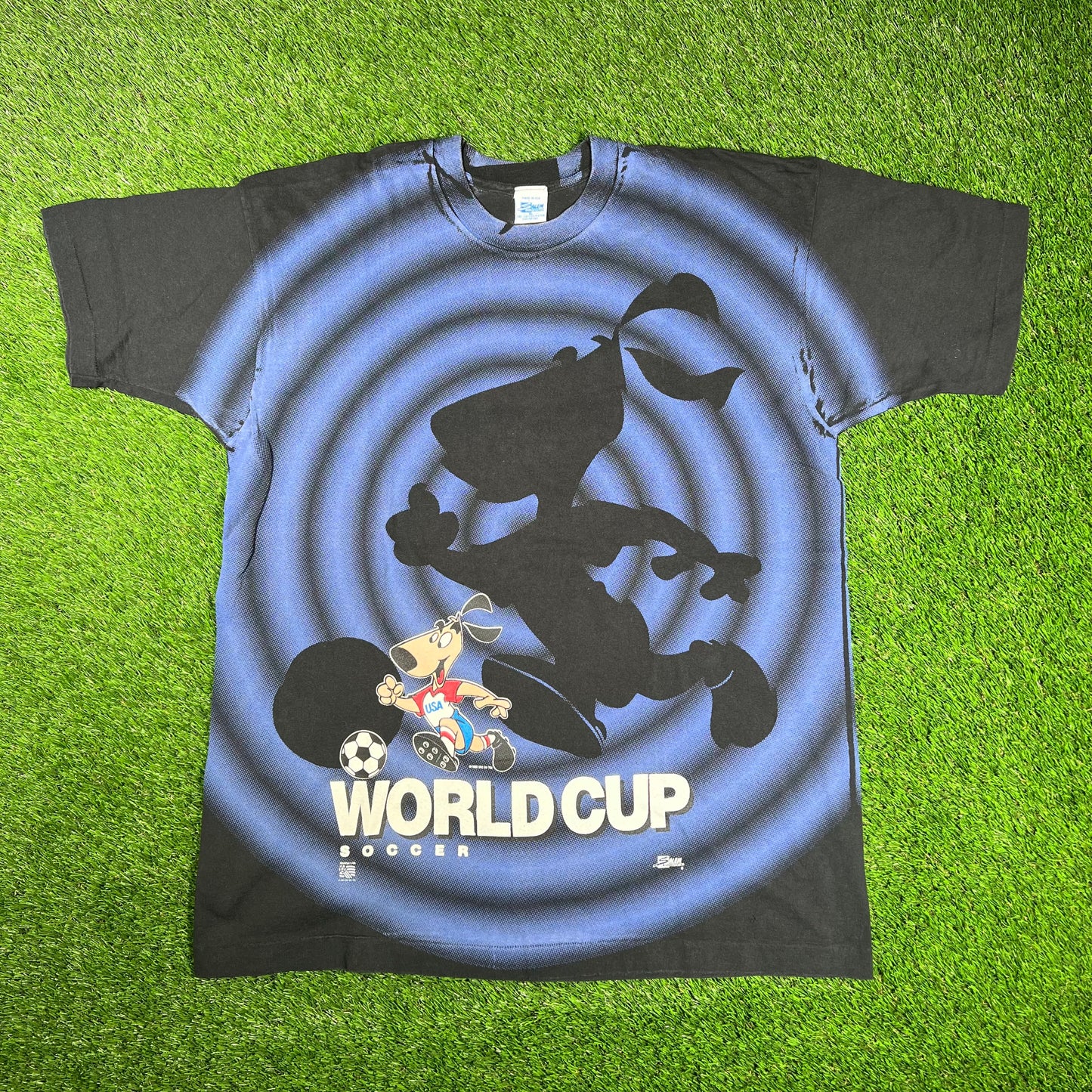 1992 World Cup Pup AOP Black Tee Size XL USED v17158