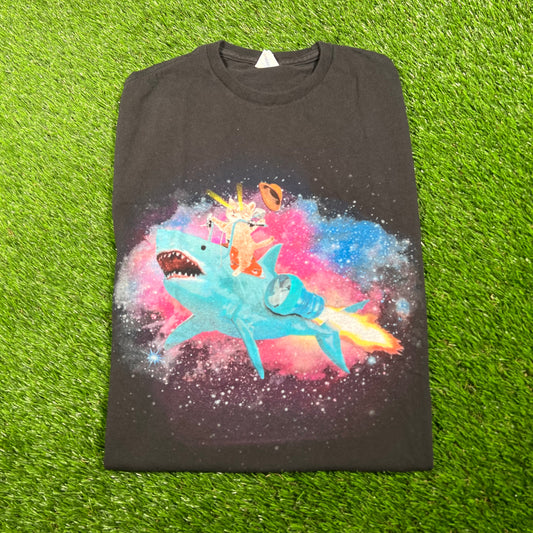 Cowboy Kitten Riding Shark Black Tee Size Large USED v17731