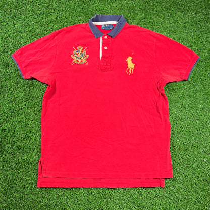 Polo Ralph Lauren Red/Gold Pony Logo Polo Shirt Size Large USED v18399