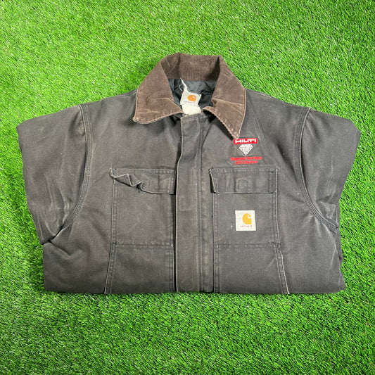 1990s Carhartt Arctic Work Wear Diamond System NYC District Washed Black Jacket Size XL USED v18209