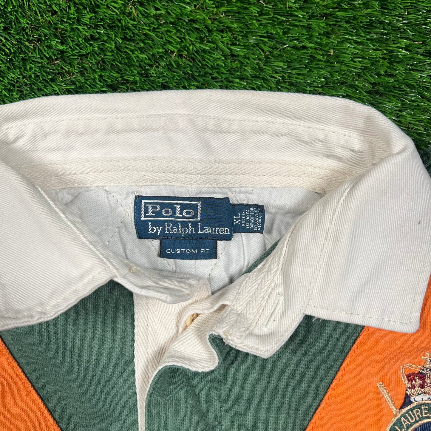 Y2K Polo Ralph Lauren Orange Green Crest Polo Size XL USED v18671