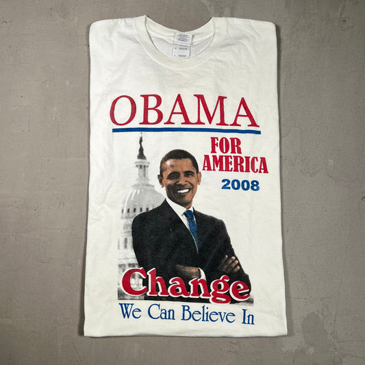 2008 Obama Change Believe In White Tee Size Large USED v19321