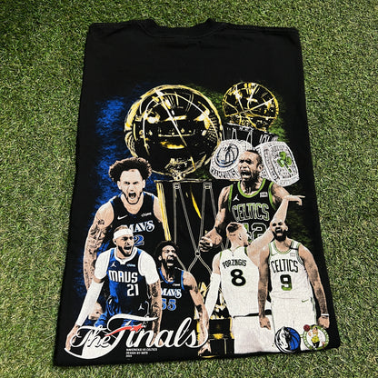 Dallas vs Boston NBA Finals 2024 Rap Style Black Tee Size XL USED v16405