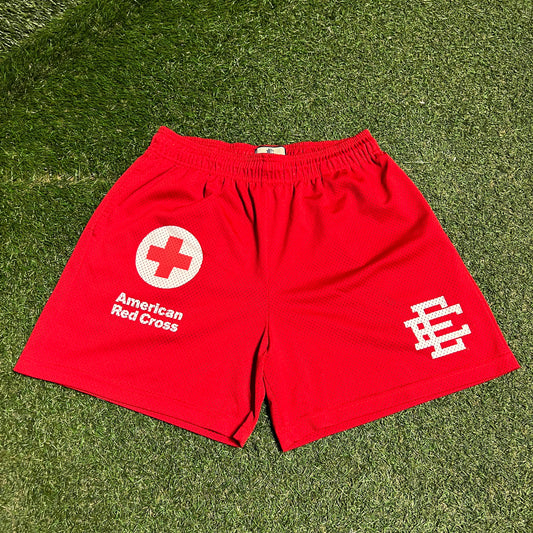 Eric Emanuel White Logo Red American Red Cross Shorts Size XL USED X14203