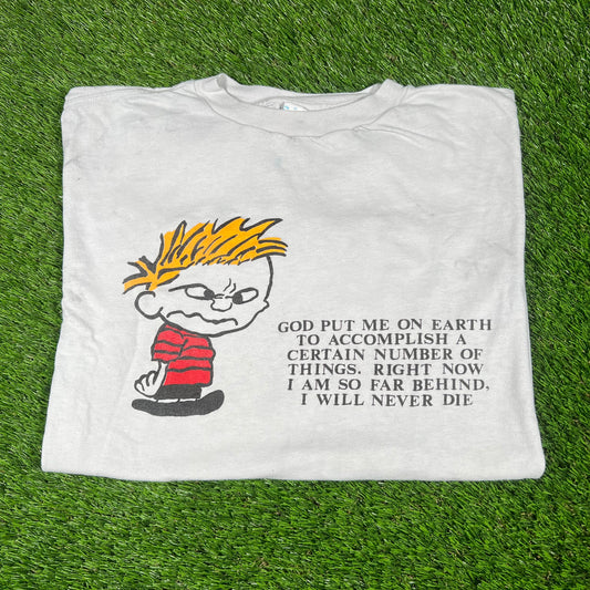 1990s Calvin and Hobbes Light Blue Quote Tee Size Large USED v16522