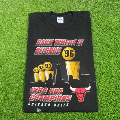 1996 Chicago Bulls Back Where it Belongs NBA Champs Black Tee Size XL USED v16731