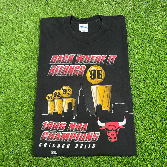 1996 Chicago Bulls Back Where it Belongs NBA Champs Black Tee Size XL USED v16731