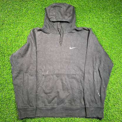 Y2K Nike White Swoosh Washed Black Hoodie Size XL USED v18585
