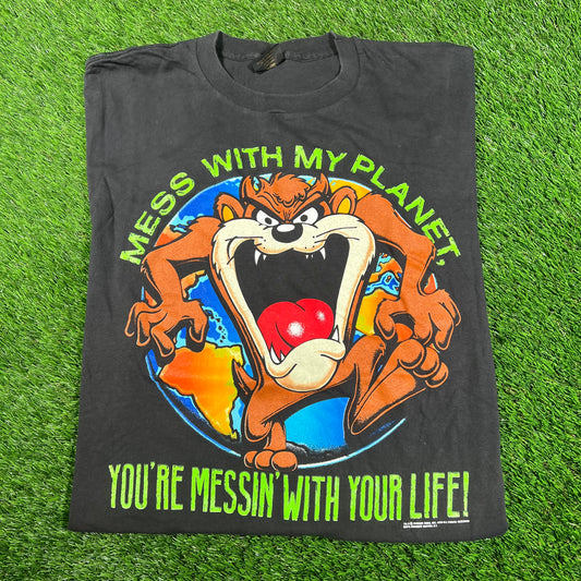 1990 Taz Mess With My Plant Black Tee Size XL USED v18041
