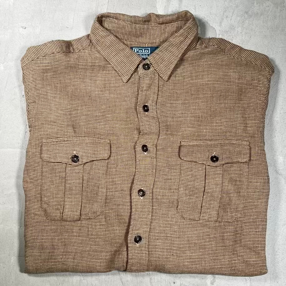 Y2K Polo Ralph Lauren Brown Twill Arm Patch Button Up Shirt Size XL USED v20243