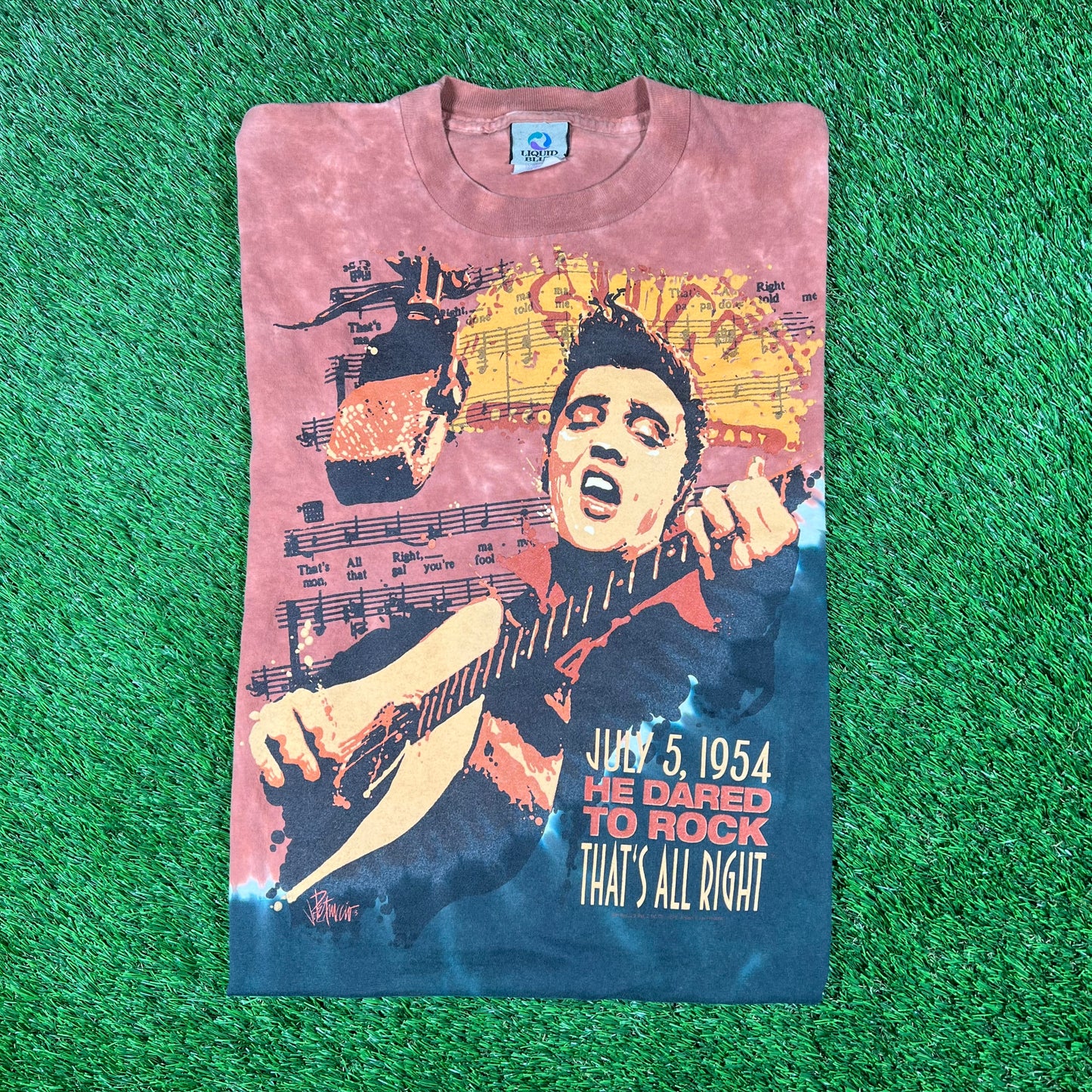 1990s Liquid Blue Elvis Red/Black Tie Dye Tee Size Medium USED v17875