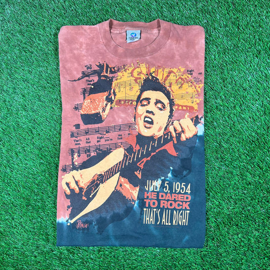 1990s Liquid Blue Elvis Red/Black Tie Dye Tee Size Medium USED v17875