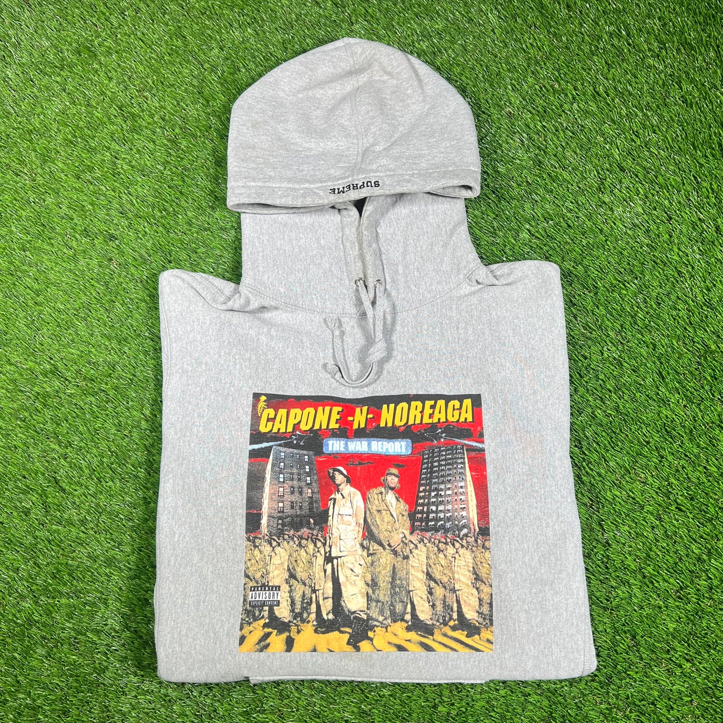 2016 Supreme Capone N Noreaga The War Report Grey Hoodie Size Large USED x15178