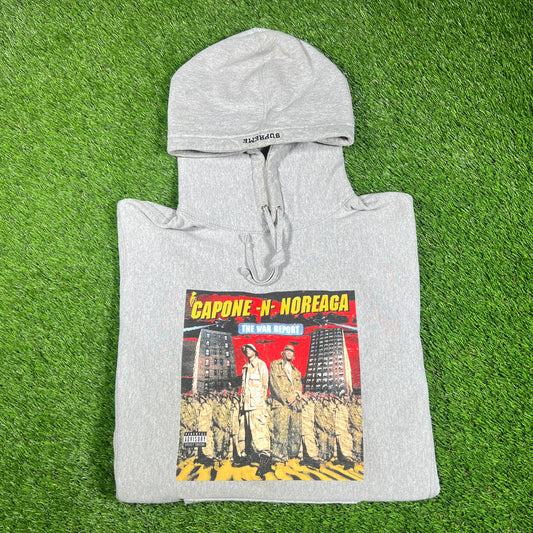 2016 Supreme Capone N Noreaga The War Report Grey Hoodie Size Large USED x15178