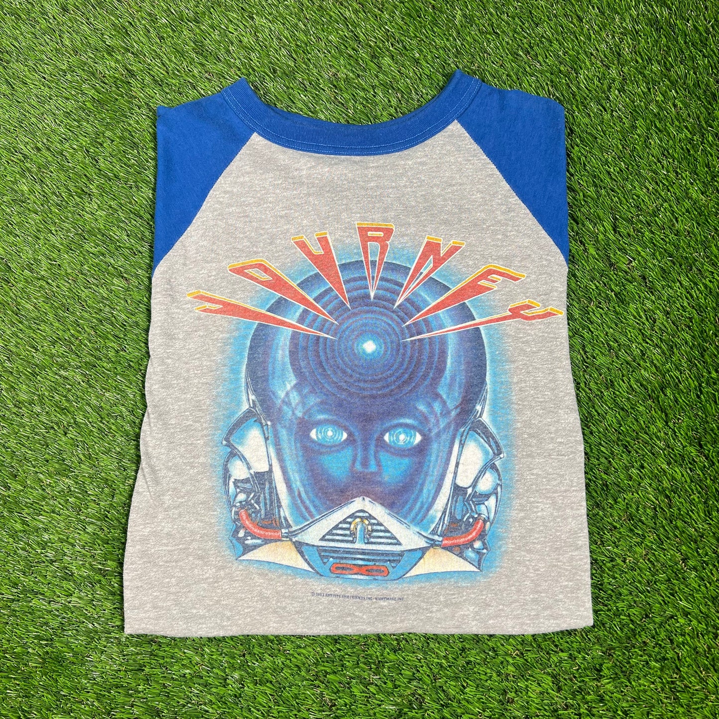 1983 Journey Frontiers Alien Grey/Blue Baseball Tee Size Medium USED v16630