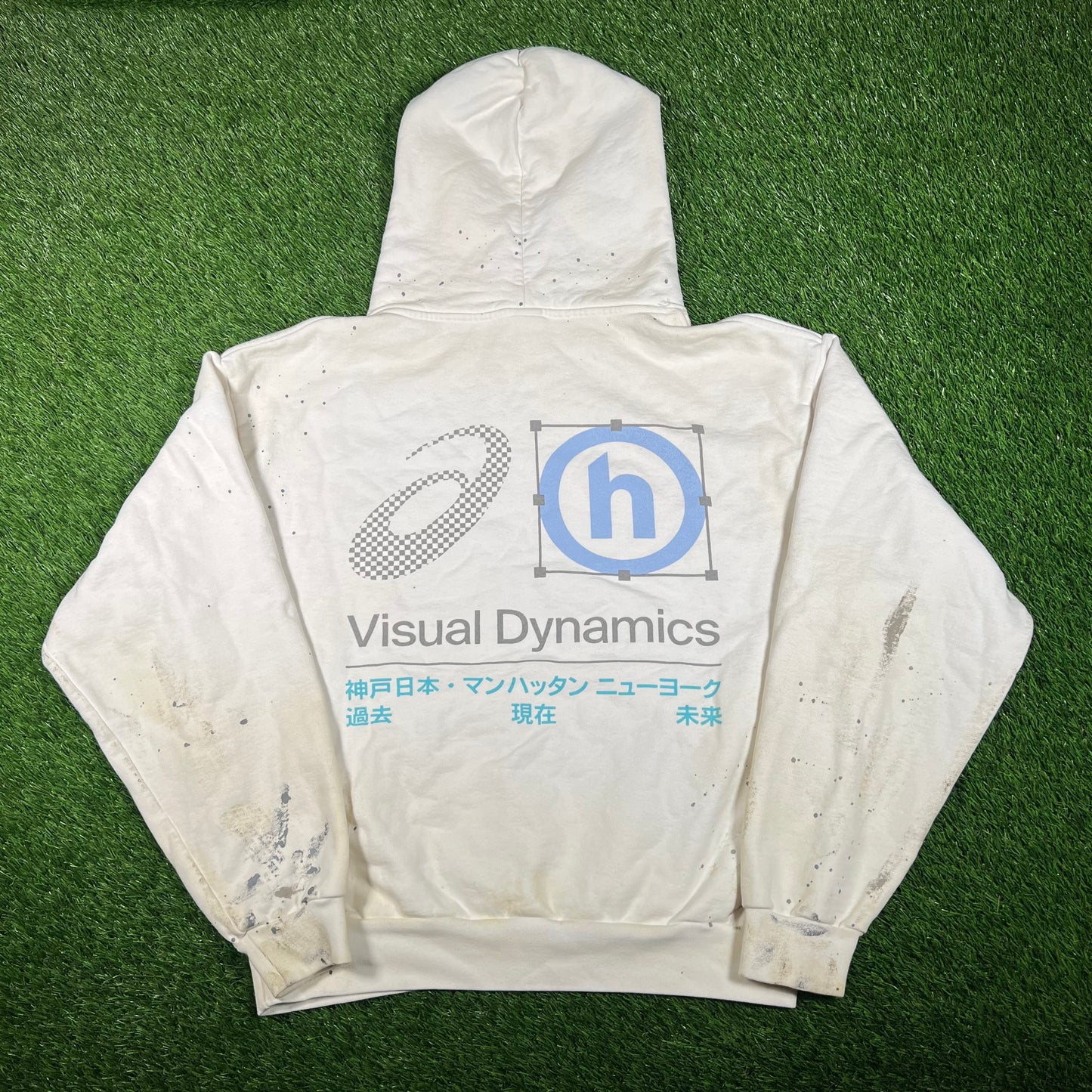 Hidden NY Asics Visual Dynamics Printer Inked White Hoodie Size Small USED x15902