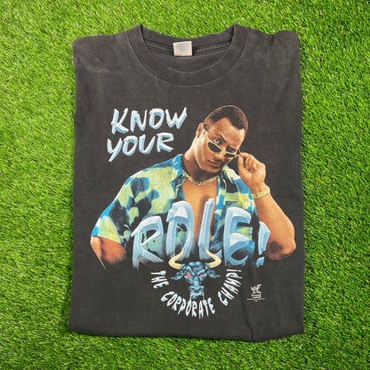 1998 WWE The Rock "Know Your Role, The Corporate Champ" Black Tee Size Large USED v18779