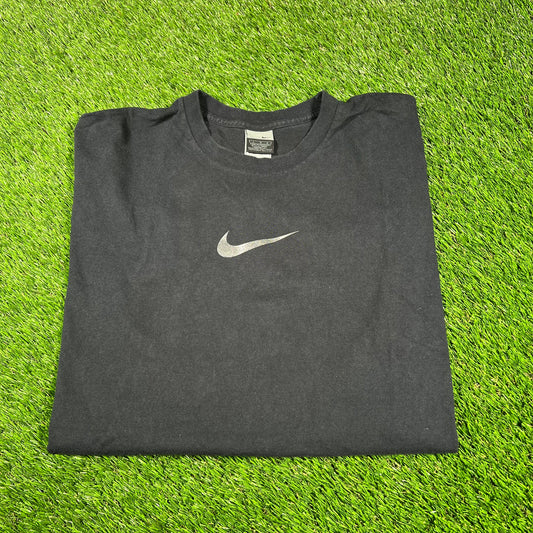 Y2K Nike Glitter Center Swoosh Black Tee Size Large USED v16781