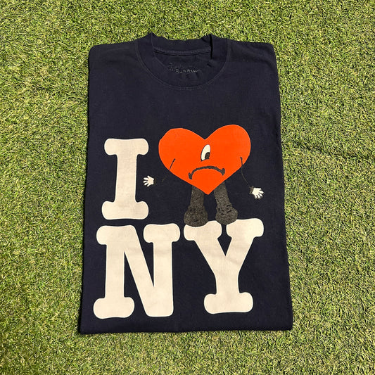 Bad Bunny "I Heart NY" Sad Heart Navy Tee Size XL USED x13602