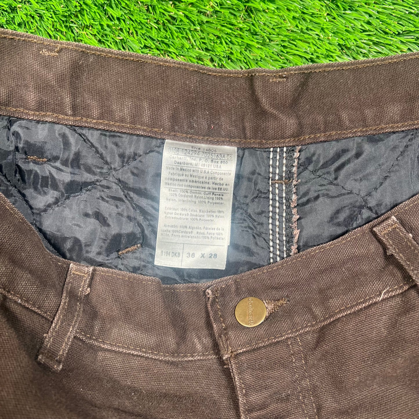 Y2K Carhartt Double Knee Half Zip Off Padded Lined Brown Pants Size 36x28 USED v18636