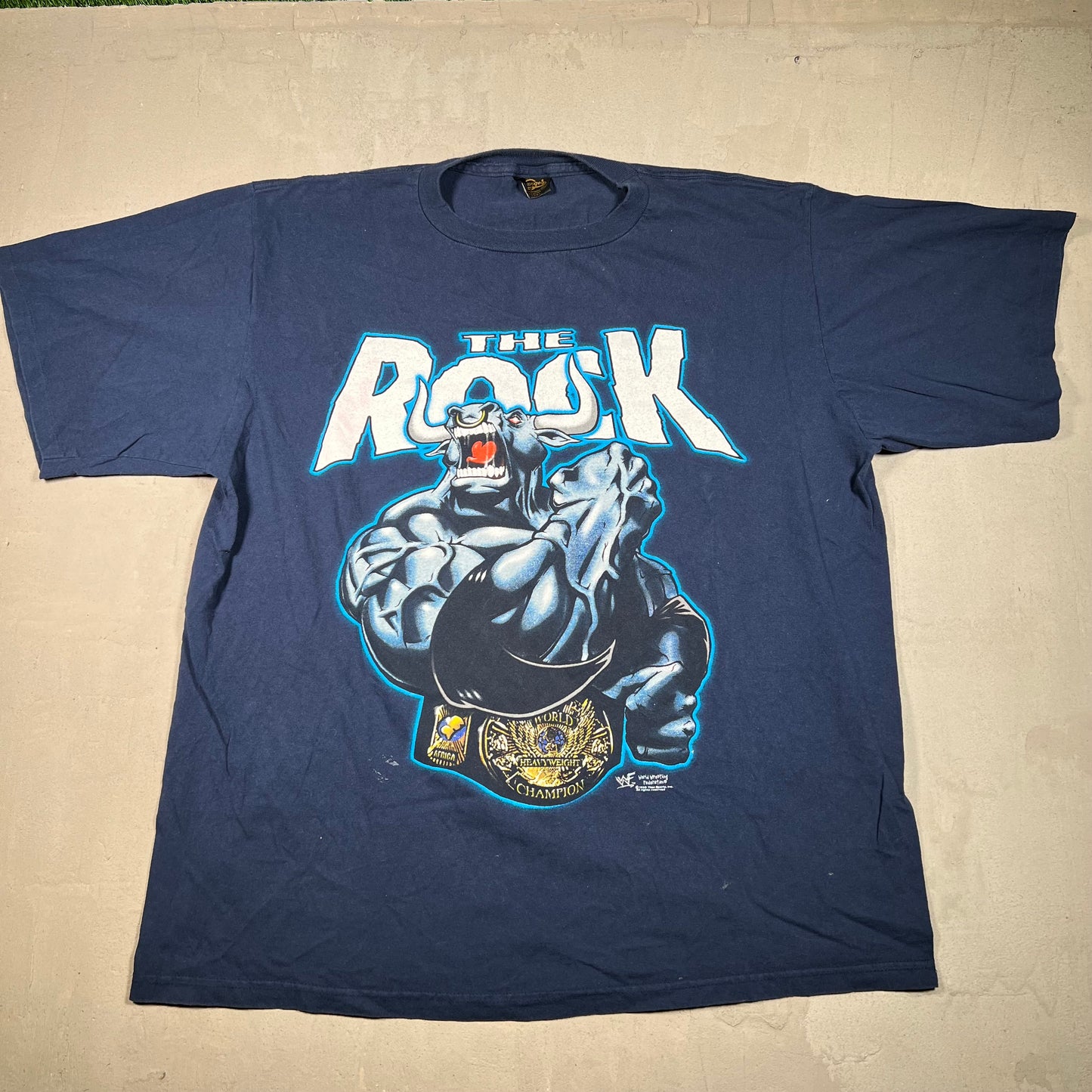 1998 The Rock WWF Bull Champ Navy Blue Tee Size 3XL USED v17937