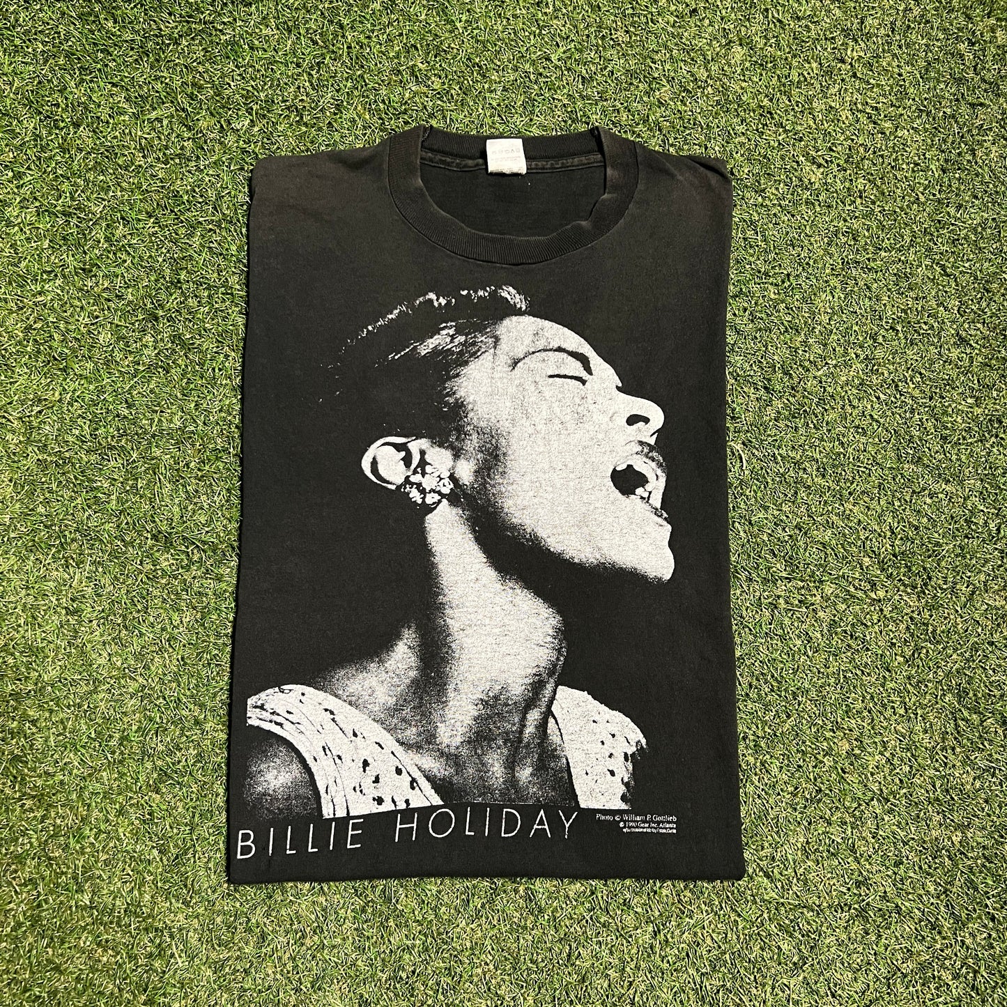 1990 Billie Holiday Big Face Black Tee Size Large USED v16084