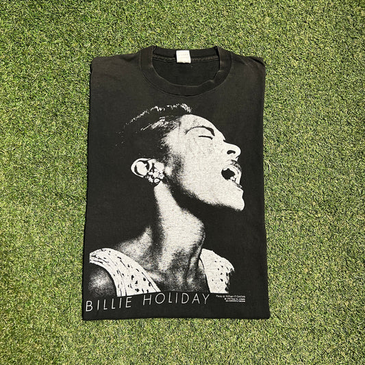 1990 Billie Holiday Big Face Black Tee Size Large USED v16084