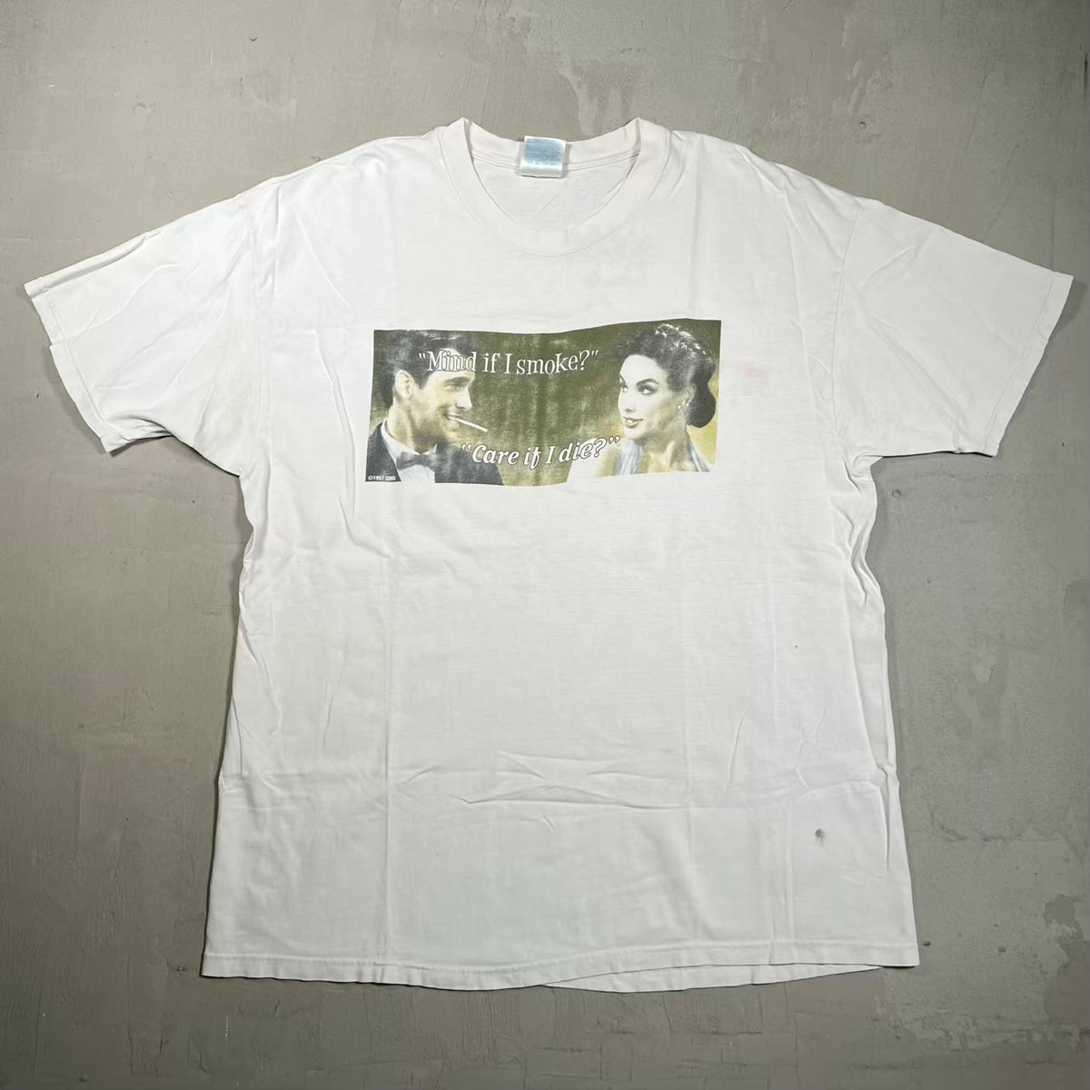 1997 Mind if I Smoke Care If I Die White Tee Size XL USED v20057