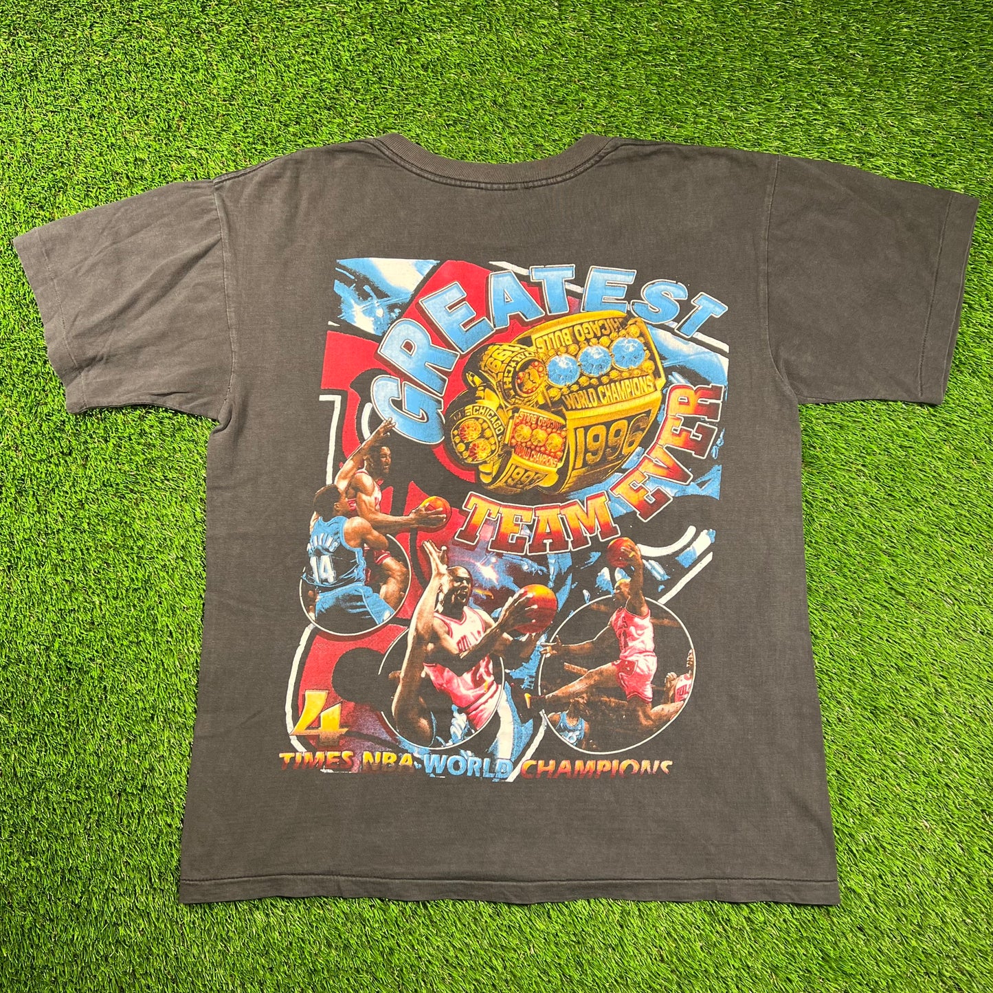 1996 "Greatest Team Ever" Chicago Bulls Rap Tee Black Size XL USED v18515