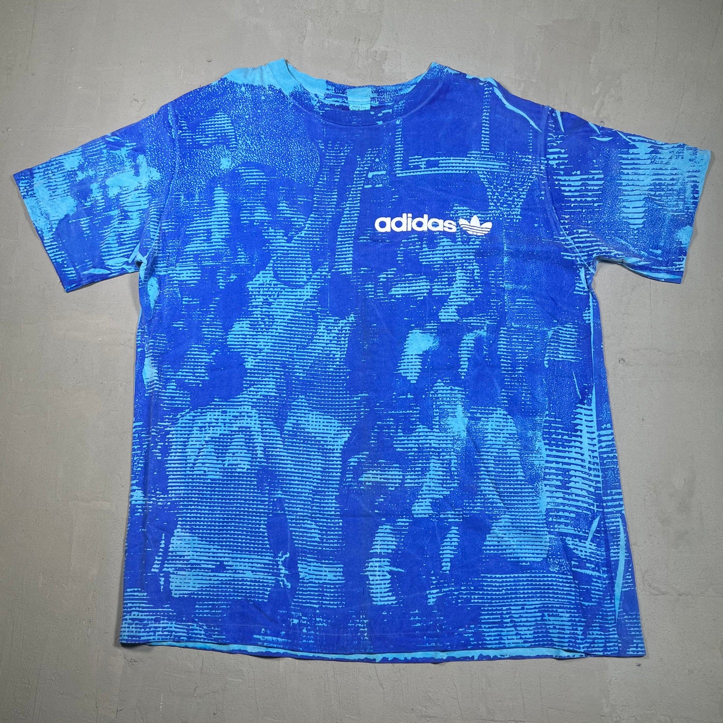 1990s Adidas Puff Print AOP Blue Tee Size XL USED v16074