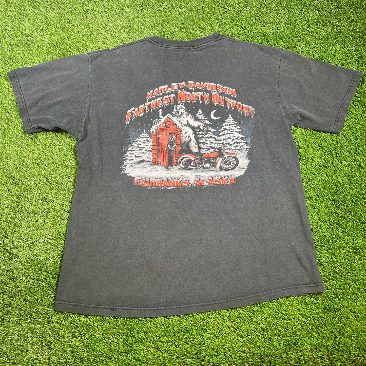 Y2K Harley Davidson Motorcycle Farthest North Alaska Black Tee Size Large USED v16543