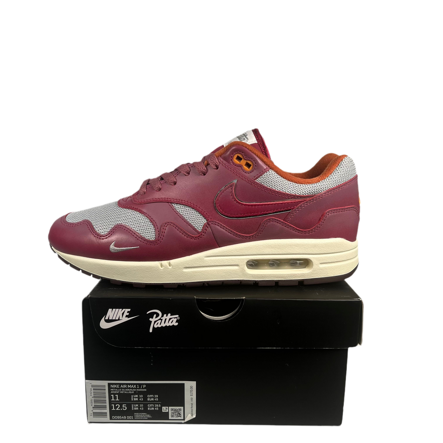 Nike Air Max 1 Patta Waves Rush Maroon (2021) Size 11 USED s17960