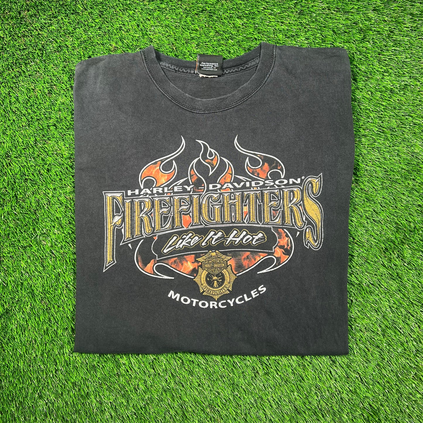 Y2K Harley Davidson Like It Hot Fire Fighter Black Tee Size XL USED v18624