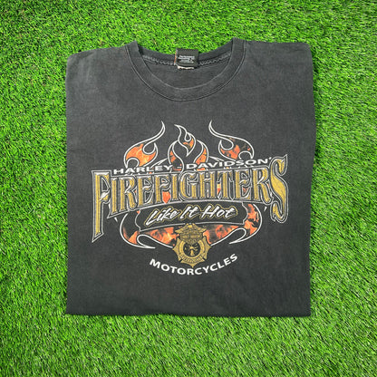 Y2K Harley Davidson Like It Hot Fire Fighter Black Tee Size XL USED v18624