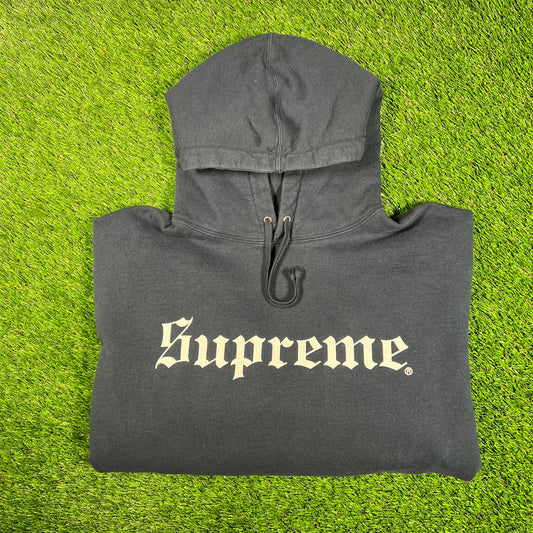 Supreme Washed Old English Navy Hoodie Size Medium NEW x15746