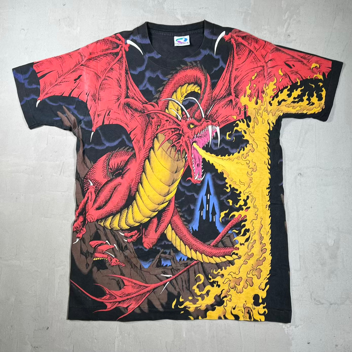 1993 Liquid Blue Dragon AOP Black Tee Size Large USED v20050