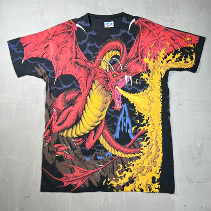 1993 Liquid Blue Dragon AOP Black Tee Size Large USED v20050