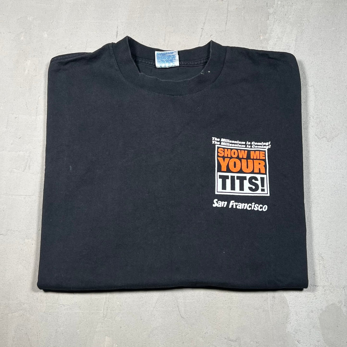 1990s Millennium is Coming Show Me Your Tits Black Tee Size XL USED v19029