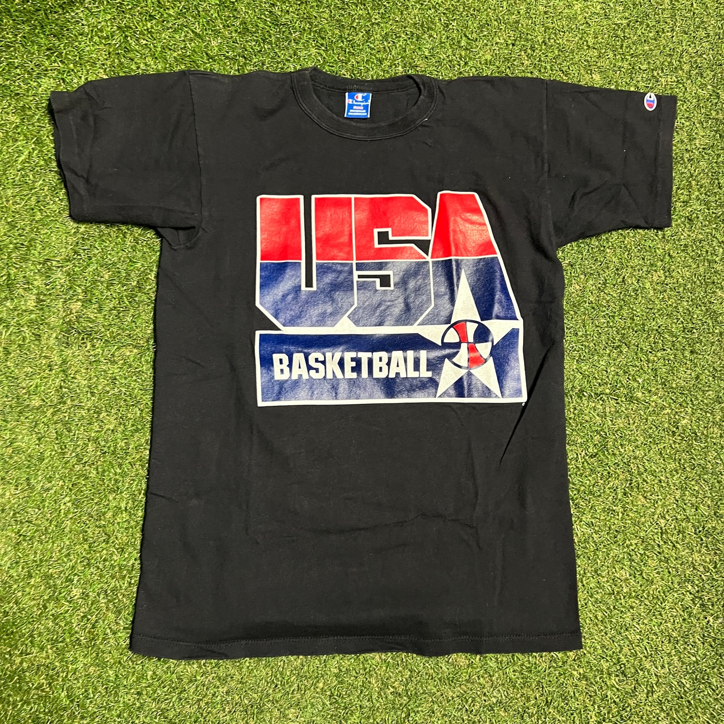 1990s Chsmpion USA Basketball Black Tee Size Large USED v16266